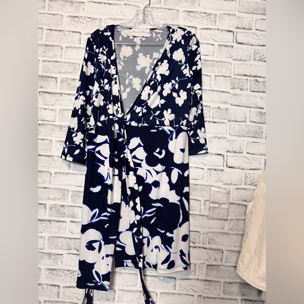 Charles Henry Navy and White‎ Floral wrap Dress size M long sleeve knee length